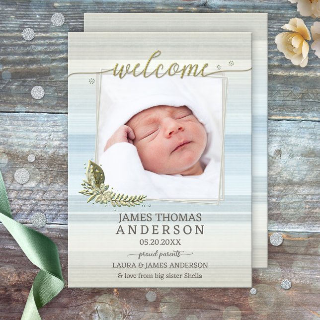 Chic Script Baby Photo Birth Announcement (Baby birth announcement card featuring a photo of your baby framed by a light pastel striped design)