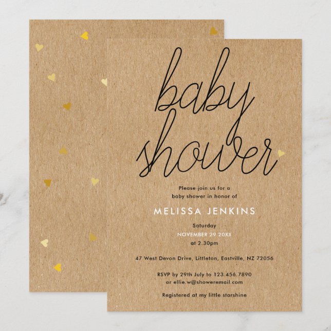 Chic Script Baby Shower Gold Hearts Rustic Kraft Invitation (Front/Back)