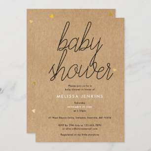 Chic Script Baby Shower Gold Hearts Rustic Kraft Invitation