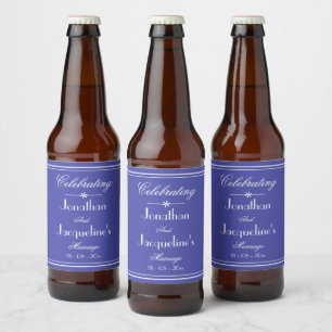 Chic Script Beautiful Blue Wedding Reception Beer Bottle Label