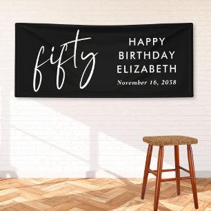 Chic Script Black 50th Birthday Party Banner