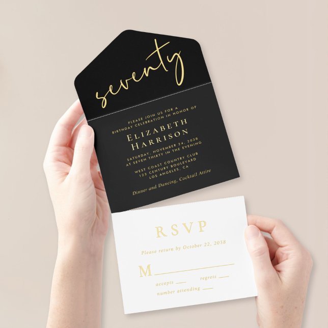 Chic Script Black 70th Birthday Party All In One Invitation (Creator Uploaded)