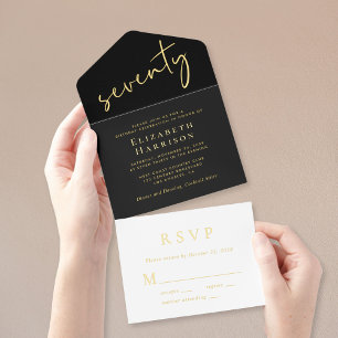 Chic Script Black 70th Birthday Party All In One Invitation