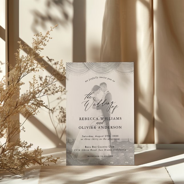 Chic Script Black and White Overlay Photo Wedding Invitation (Creator Uploaded)