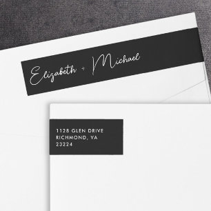 Chic Script Black And White Wedding Return Address Wrap Around Label