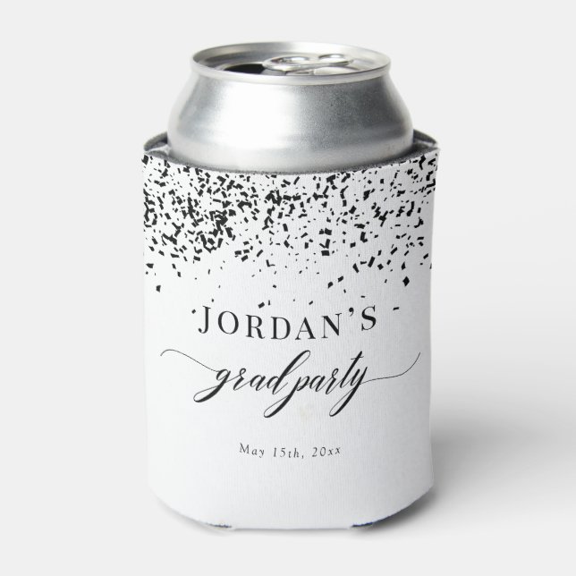 Chic Script Black Confetti Graduation Can Cooler (Can Front)