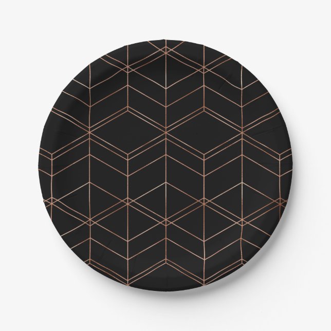 Chic Script Black & Copper Geometric Pattern Paper Plate (Front)