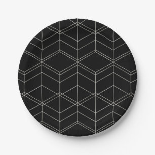 Chic Script Black & Foil Silver Geometric Pattern Paper Plate
