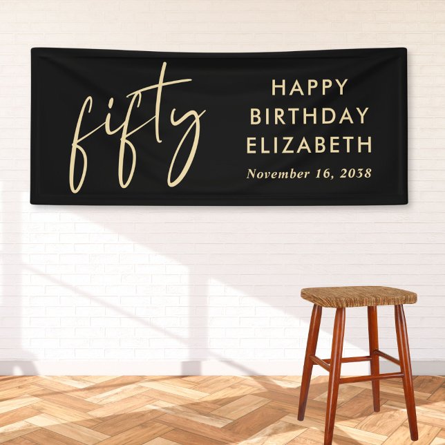 Chic Script Black Gold 50th Birthday Party Banner (Creator Uploaded)