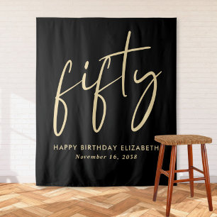 Chic Script Black Gold 50th Birthday Party Tapestry