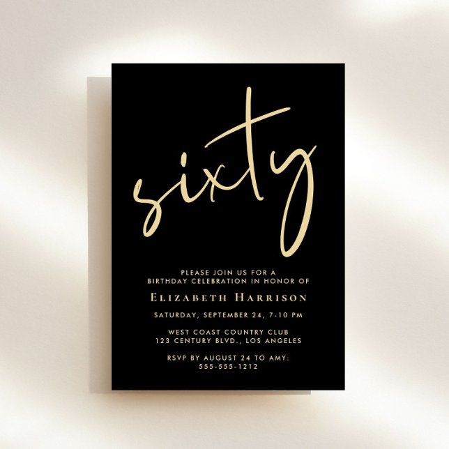 Chic Script Black Gold 60th Birthday Party Invitation (Creator Uploaded)