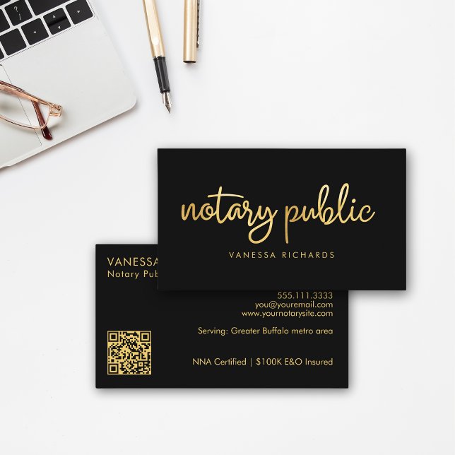 Chic Script Black & Gold Notary Name Modern QR  Business Card (Creator Uploaded)