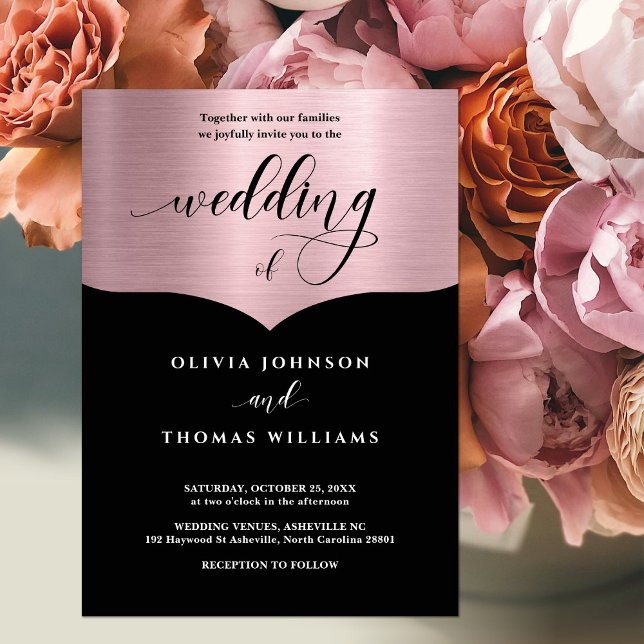 Chic Script Black Metallic Rose Gold Wedding Invitation (Creator Uploaded)