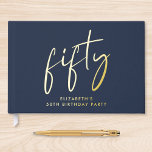 Chic Script Blue 50th Birthday Party Guest Book<br><div class="desc">Elevate her 50th birthday party with this elegant dark navy blue guestbook featuring your choice of genuine gold,  silver or rose gold foil,  "fifty" in a chic script and her name in simple typography. Personalise the title on the spine.</div>