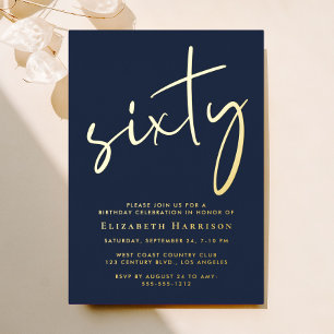 Chic Script Blue 60th Birthday Party Gold