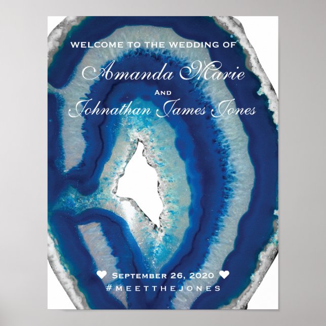 Chic Script Blue Agate Wedding Welcome Sign (Front)