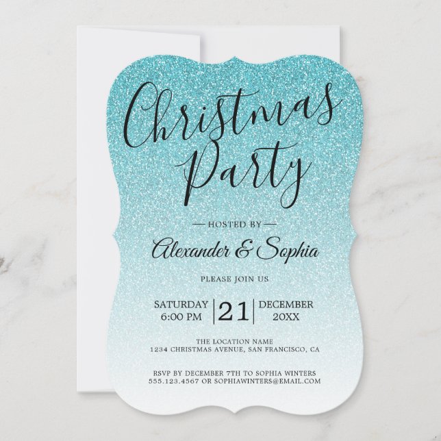 Chic Script Blue Glitter Ombre Christmas Party Inv Invitation (Front)