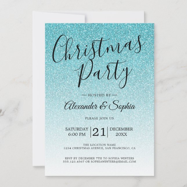 Chic Script Blue Glitter Ombre Christmas Party Invitation (Front)