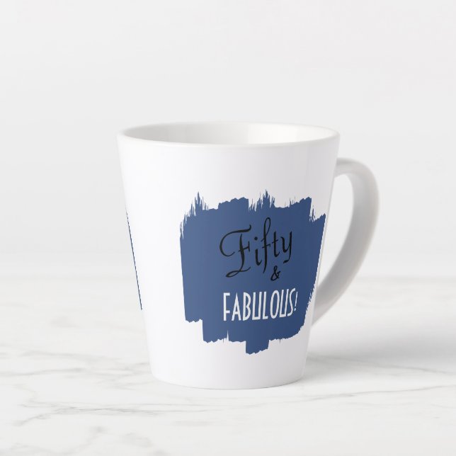 Chic Script Blue Schmear Fifty & FABULOUS Birthday Latte Mug (Right Angle)