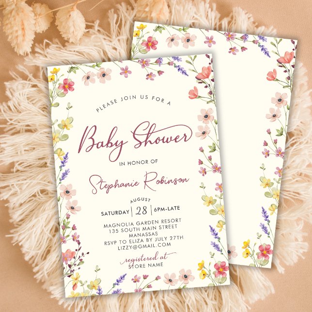 Chic Script Boho Wildflower Girl Baby Shower Invitation (Creator Uploaded)