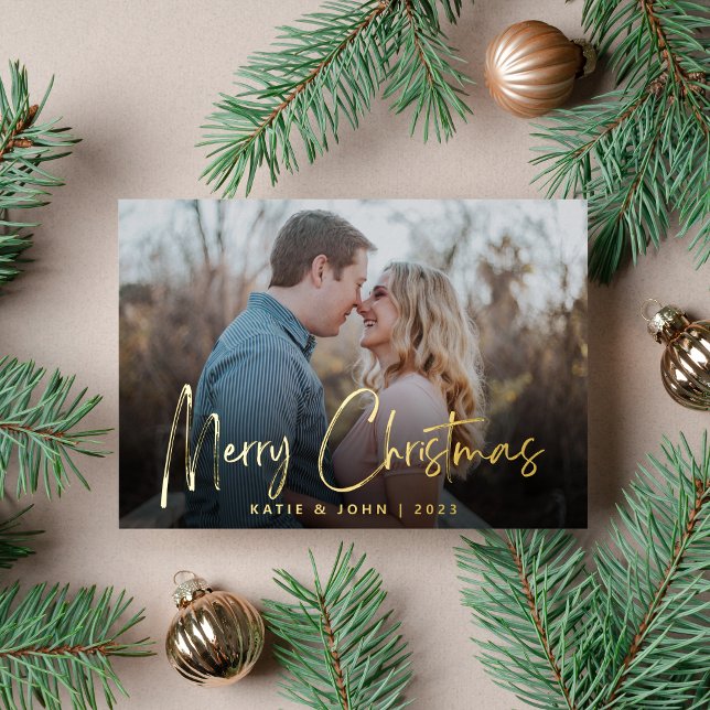 Chic Script Calligraphy Christmas Couple Photo Foil Holiday Card (Creator Uploaded)