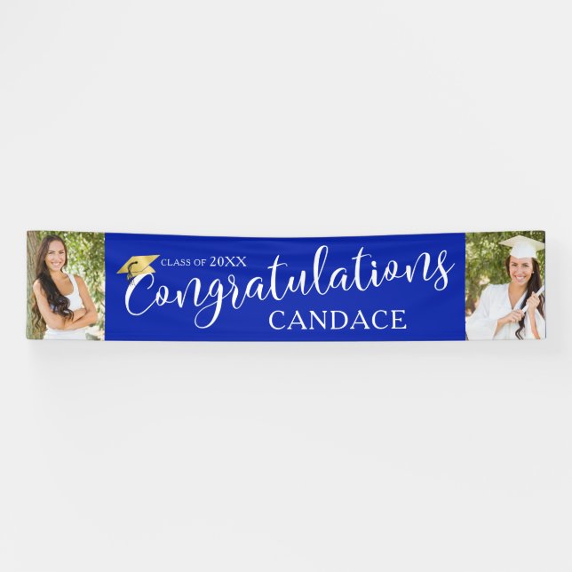 Chic Script CONGRATULATIONS Photo Graduation Blue Banner (Horizontal)