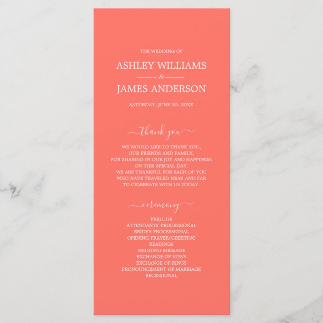 Chic Script Coral Simple Minimal Wedding Programme (Front)
