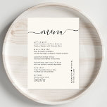 Chic Script Cream Wedding Reception Menu<br><div class="desc">Chic cream wedding reception dinner menu featuring "menu" in a calligraphy script with swashes,  your customised menu in simple modern typography,  your first names joined by a heart and your reception date.</div>