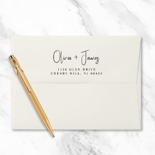 Chic Script Cream Wedding Return Address Envelope
