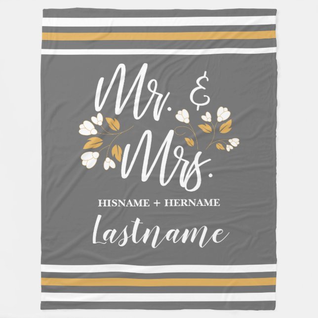 Chic Script Custom Mr and Mrs Grey Gold Stripes Fleece Blanket (Front)
