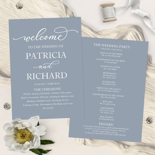 Chic Script Dusty Blue Wedding Ceremony Program  Programme (Creator Uploaded)