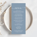 Chic Script Dusty Blue Wedding Menu<br><div class="desc">Modern dusty blue menu for your wedding reception,  engagement party,  rehearsal dinner and other wedding celebrations featuring "menu" in a chic white calligraphy script with swashes,  your customised menu in simple white typography,  your first names joined by a heart and your event date.</div>