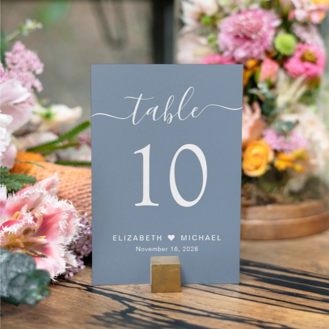 Chic Script Dusty Blue Wedding Reception Table Number (Creator Uploaded)