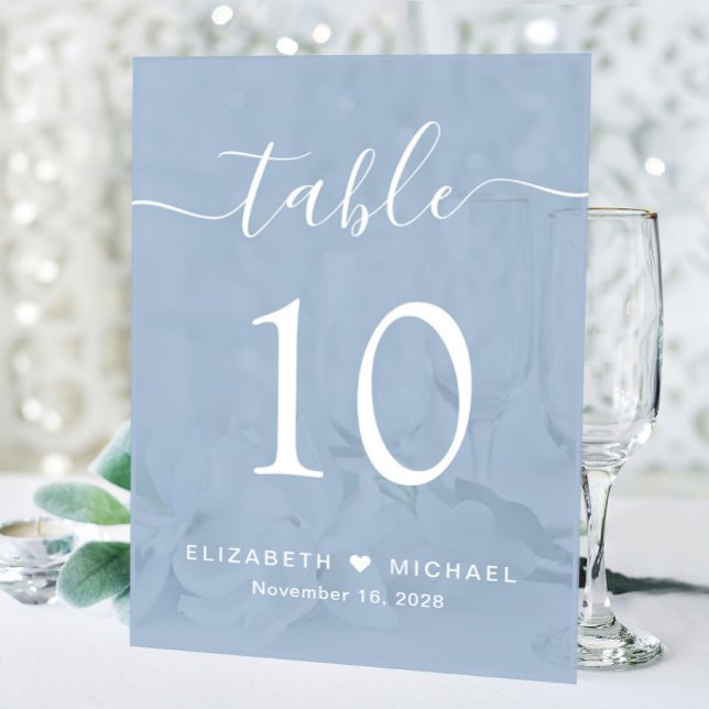 Chic Script Dusty Blue Wedding Table Number Acrylic Sign (Creator Uploaded)
