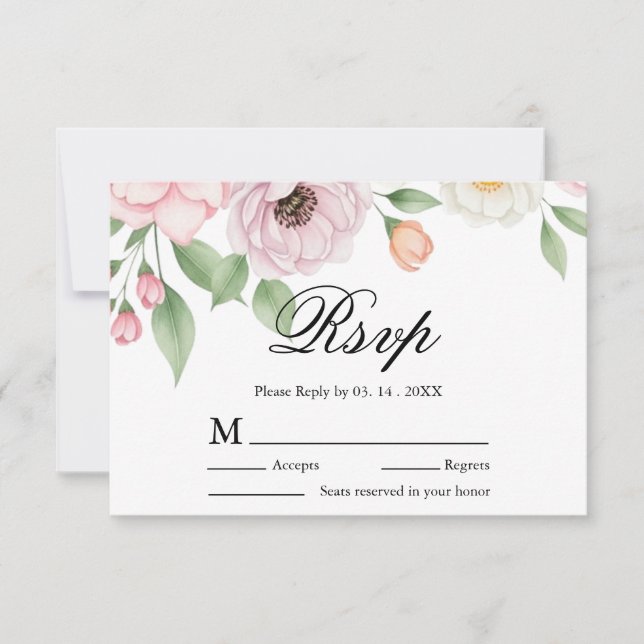 Chic Script Elegant Pastel Peony Wedding Reply RSVP Card (Front)