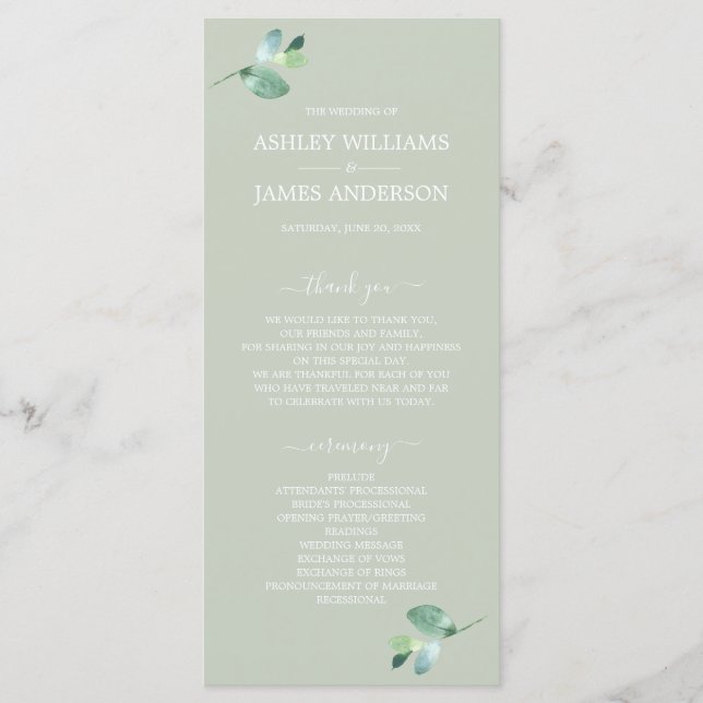 Chic Script Eucalyptus Foliage Green Wedding Programme (Front)
