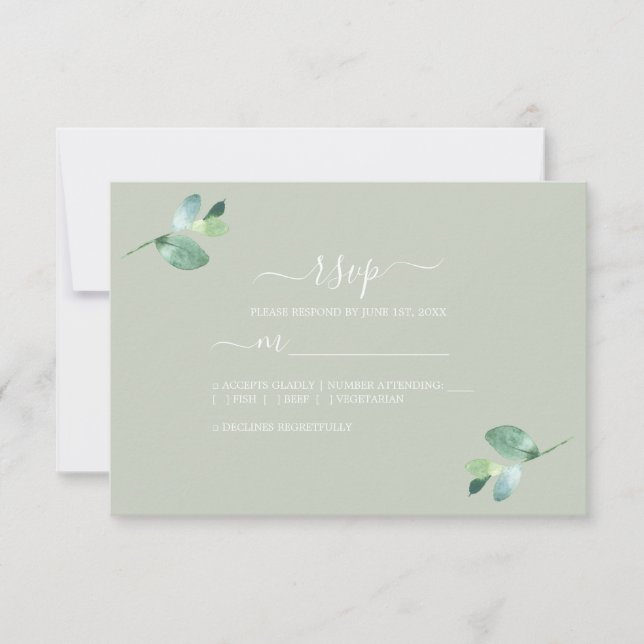 Chic Script Eucalyptus Foliage Green Wedding RSVP Card (Front)