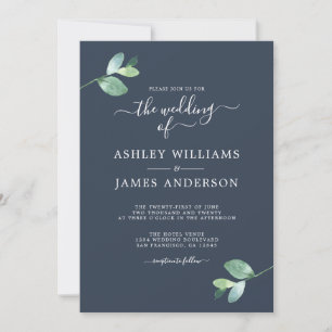 Chic Script Eucalyptus Foliage Minimal Wedding Invitation