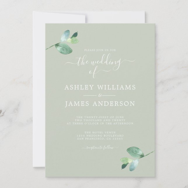 Chic Script Eucalyptus Foliage Minimal Wedding Invitation (Front)