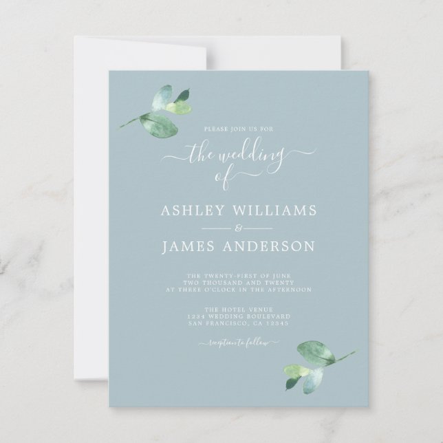 Chic Script Eucalyptus Foliage Minimal Wedding Invitation (Front)