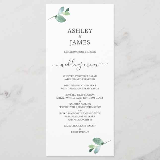 Chic Script Eucalyptus Foliage Minimal Wedding Menu (Front)