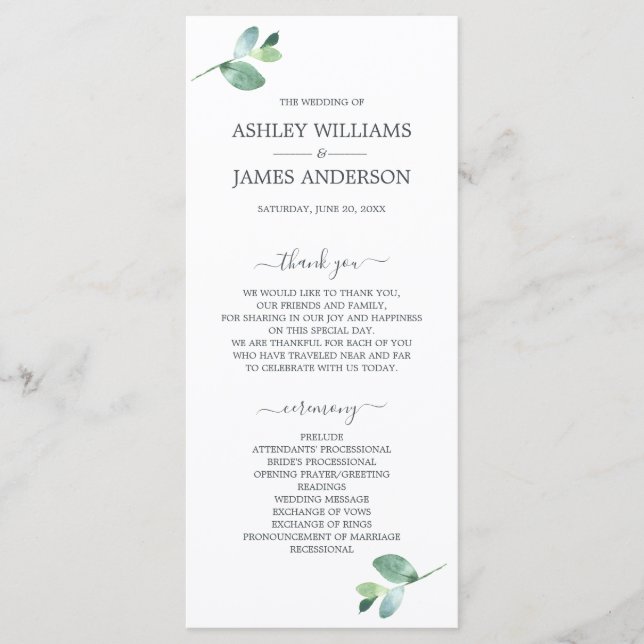 Chic Script Eucalyptus Foliage Minimal Wedding Programme (Front)