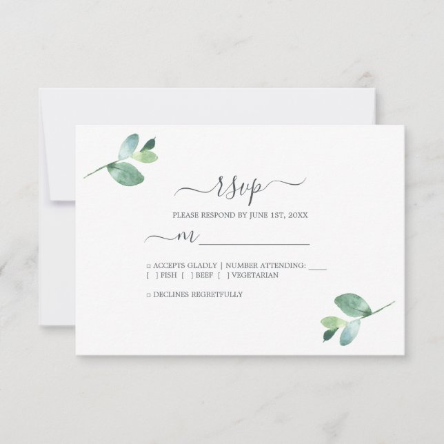Chic Script Eucalyptus Foliage Minimal Wedding RSVP Card (Front)