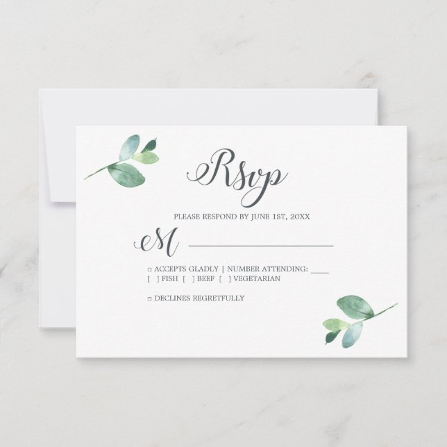 Chic Script Eucalyptus Foliage Minimal Wedding RSVP Card (Front)