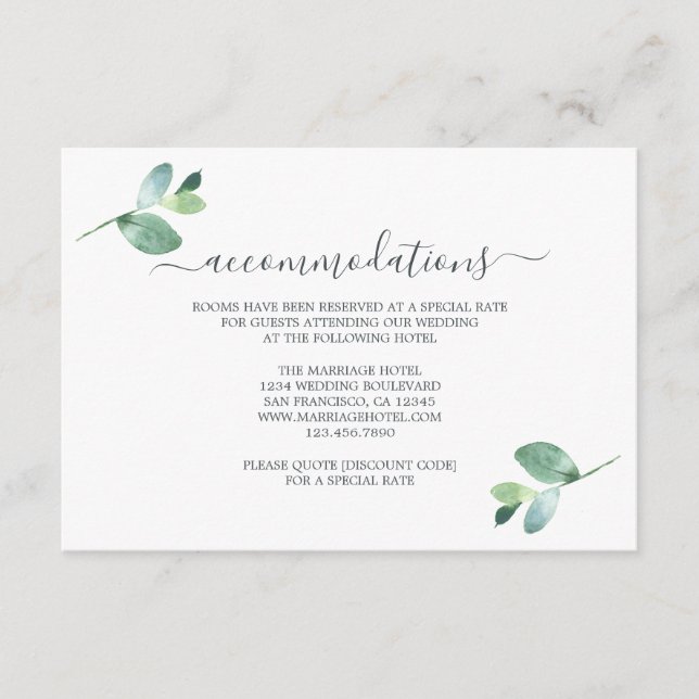 Chic Script Eucalyptus Foliage Wedding Information Enclosure Card (Front)