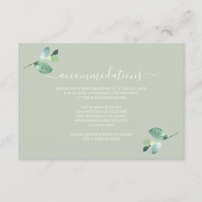 Chic Script Eucalyptus Foliage Wedding Information Enclosure Card (Front)