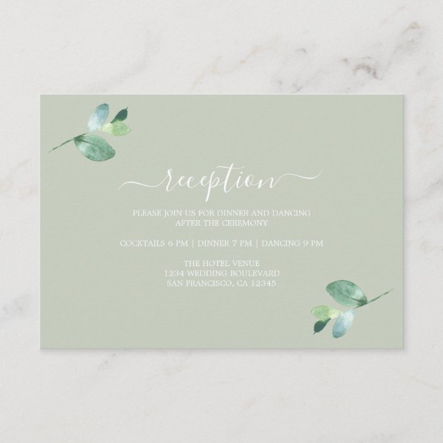 Chic Script Eucalyptus Foliage Wedding Reception Enclosure Card (Front)