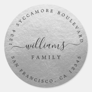 Chic Script Family Name Silver Return Address Classic Round Sticker