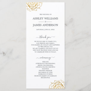 Chic Script Floral Gold Rose Simple Wedding Programme
