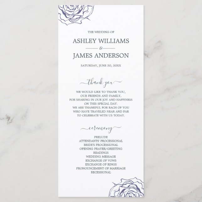 Chic Script Floral Navy Blue Rose Simple Wedding Programme (Front)